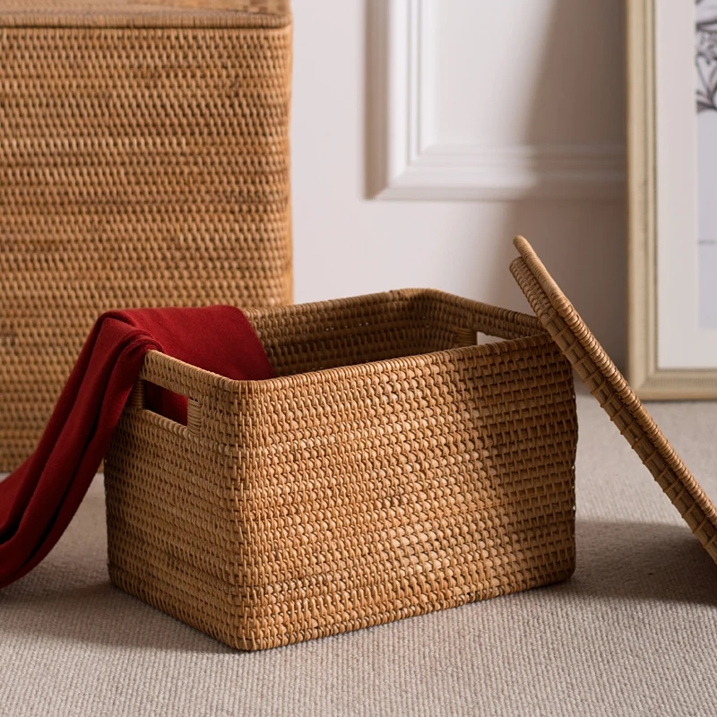 

Vine woven basket, imported from Vietnam, handcrafted storage basket with lid, hand-held square large sorting box