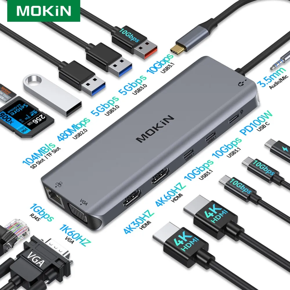 MOKiN USB Hubs Docking Station for MacBook Air Pro M1 M2 iPad USB-C HUB Adapter with 5Gbps USB3.0 4K60Hz HDMI PD 100W SD/TF RJ45