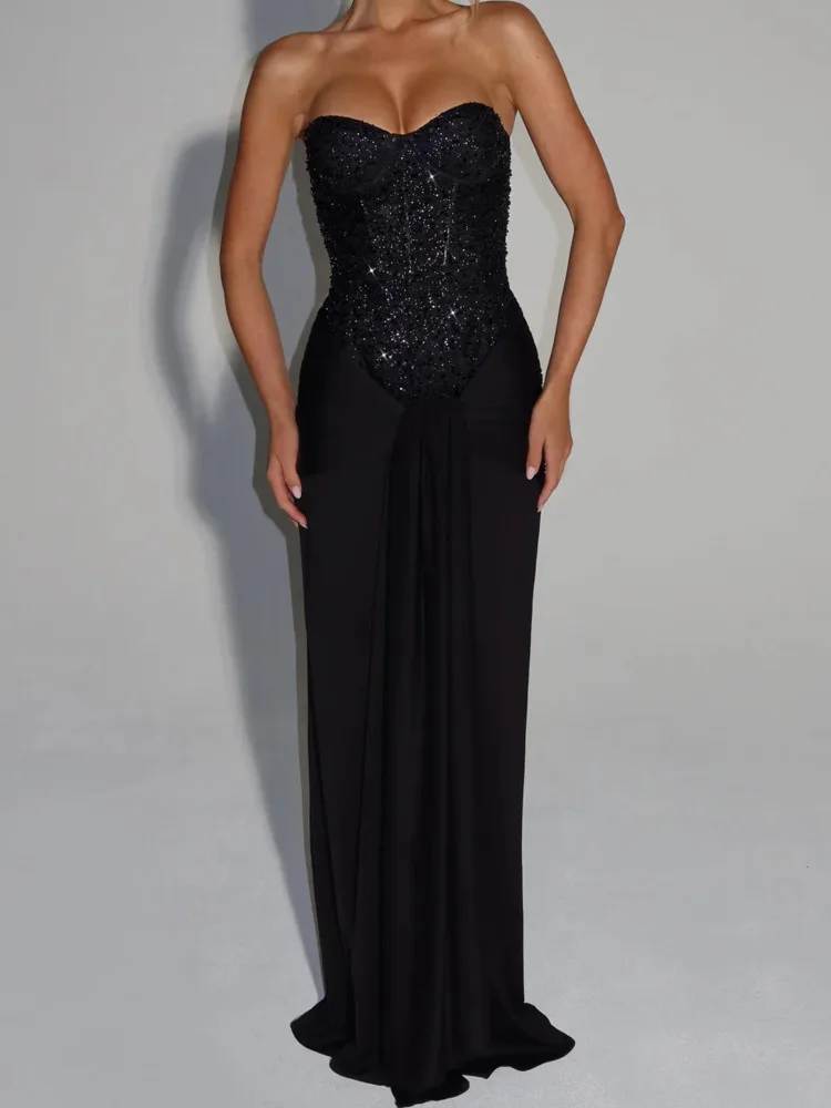 DFDG Dames 2025, lente zomer, luxe paillettenjurk, strapless, hoge taille, wikkelband, bodycon, effen kleur, formele maxi-jurk