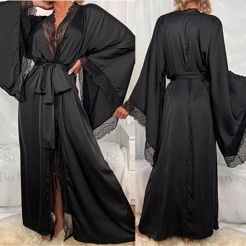 

Long Big Size Robe Sexy Nightgown Lingerie Women's Summer Lace Soft Silk Bathrobe Comfortable Leisure Home Wear Loungewear