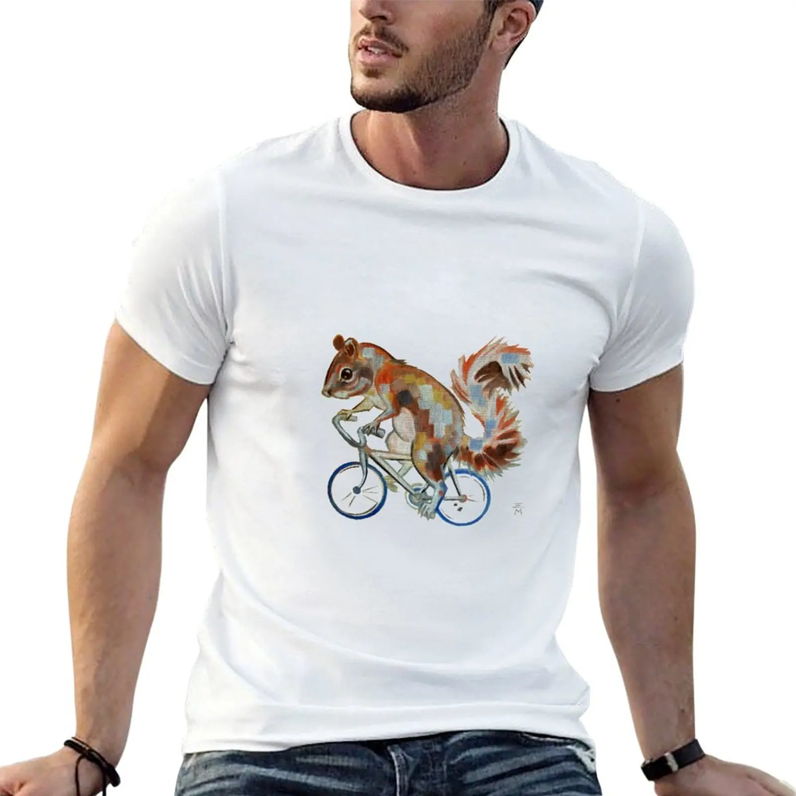 Squirrel On Bike Pick your own Background T-Shirt Classic Basic Casual T-Shirt