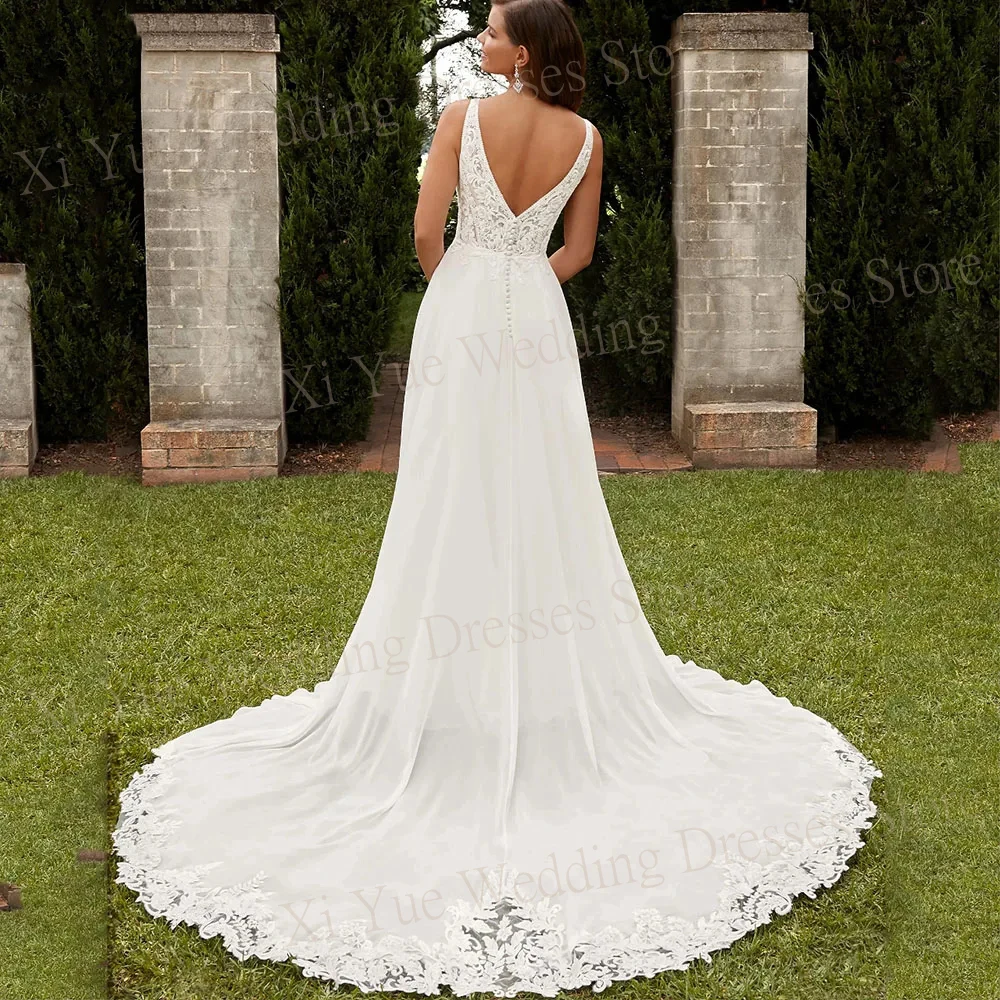 Robes de mariée en mousseline de soie avec appliques en dentelle, robe fendue sur le côté, dos nu, décolleté en V profond, simple et sexy, quel que soit le bouton de la mariée