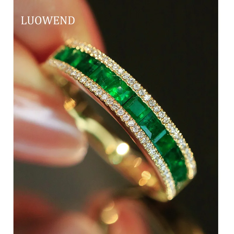 Anillos LUOWEND 100% Oro Amarillo de 18K, Diseño Clásico de Lujo, Anillo con Diamantes Brillantes y Esmeralda Natural para Mujer, Joyería de Alta Gama para Fiestas