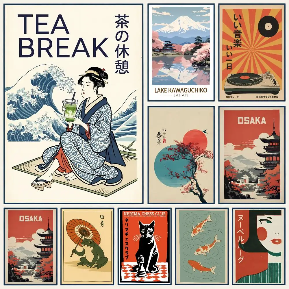Refined Nostalgic Art Japanese Retro Painting Poster Frameless PP Self Adhesive Aesthetic Room Gift Decor