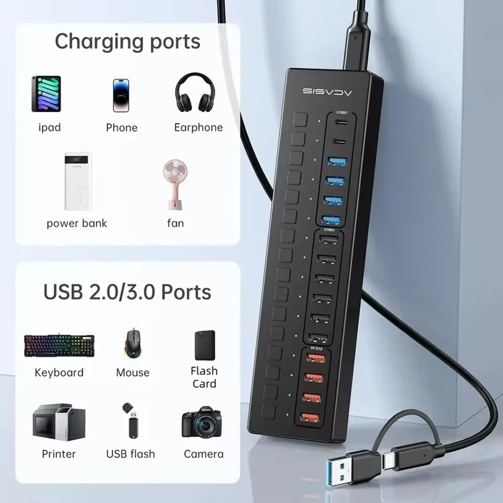 Acasis 16 Ports USB Hub Extender 5Gbps USB-A USB-C Splitter Multi Port Expander For PC Laptop Macbook Keyboard Mouse Printer