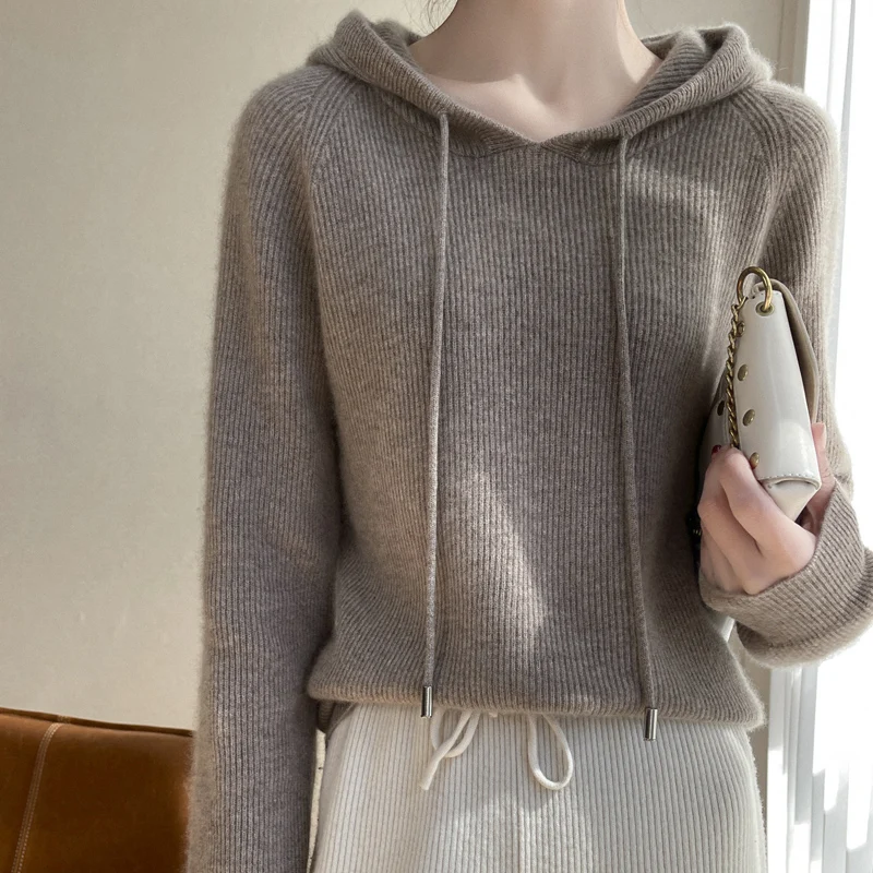 100%Pure Cashmere Sweater Ladies High-End Pullovers Knit Hoodie 2022 Spring New Hooded Collar Base Shirt Loose Top Women Jacket