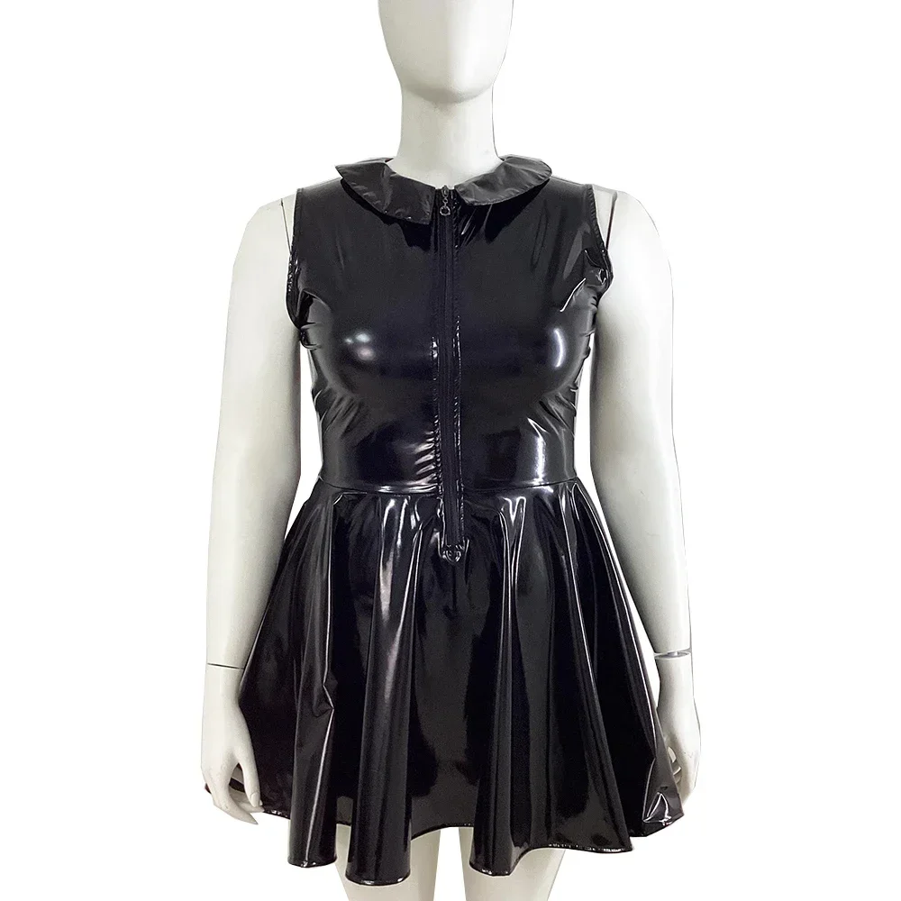 Preppy Style Lolita Mini Dress Women PVC Shiny Leather Sleeveless A-Line Dress Sweet Office Lady Peter Pan Collar Mini Dresses