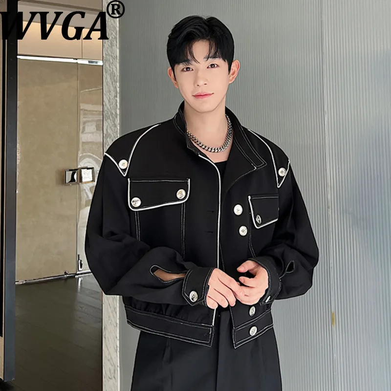 WVGA Spring Autumn New Men Tide Niche Design Stand Collar Patchwork Trendy Slant Pocket Short Jacket Chic Casual Coat Ins W17011