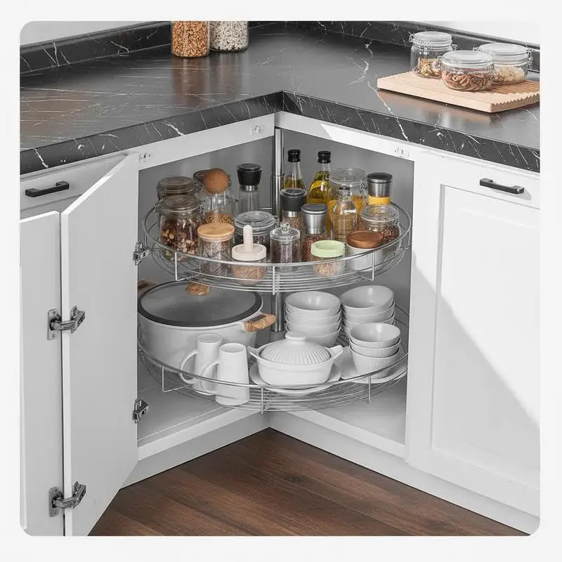 71 cm 2-stöckiger Eckschrank-Drehteller, 360° °   Drehbarer Küchenteller, Höhenverstellbares Schwenkregal für Eckschränke, Kohlenstoffstahl, Küchenaufbewahrung