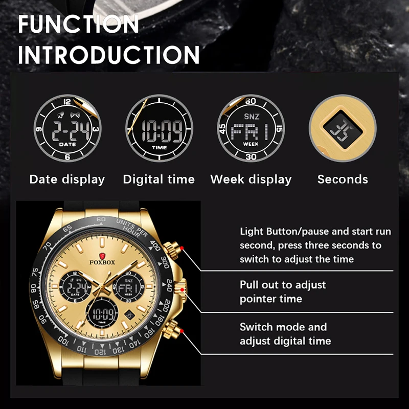 فوكس بوكس 2024 ساعات فاخرة جديدة للرجال موضة عادية ساعة رجالي رقمية كوارتز مقاوم للماء مضيئة ساعة اليد الذكور Reloj Hombre
