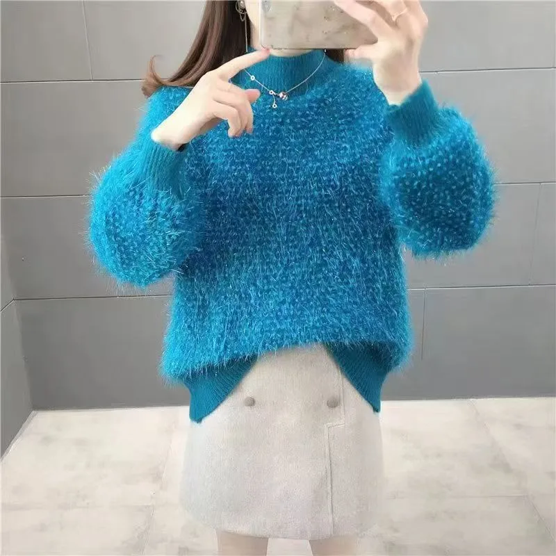 2023 New Style Mohair Knit Sweater Women Pullover Winter Fashion Shiny Soft Warm Pullover Women Loose Sweater Casual Top Unif