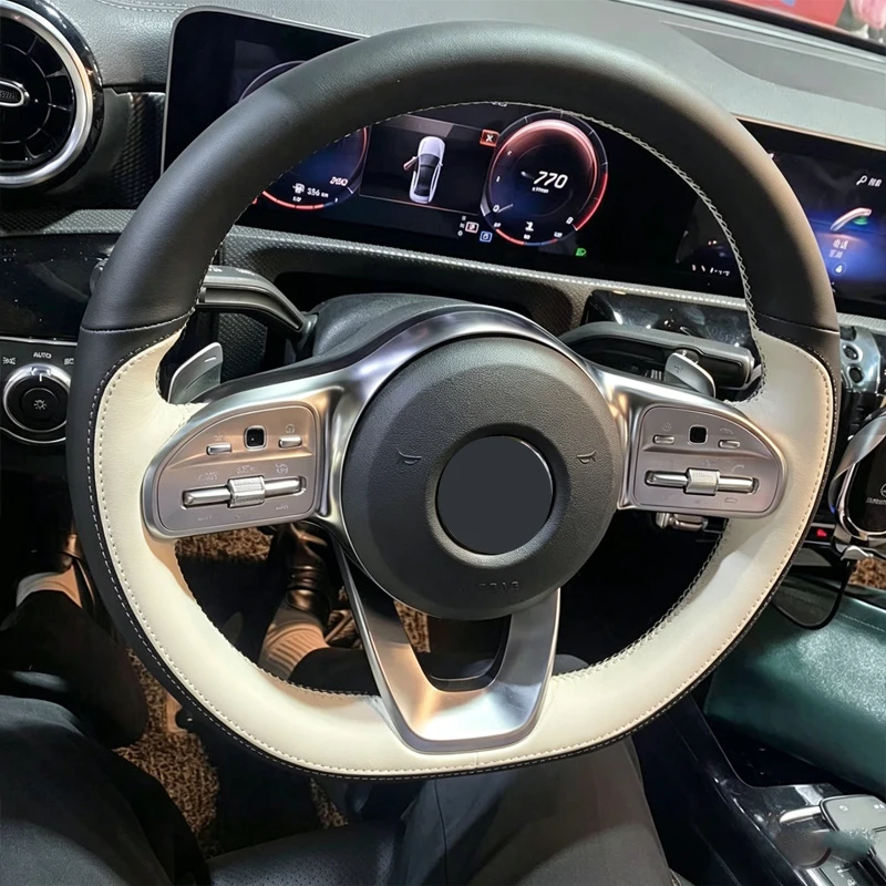 Car Steering Wheel Cover for Mercedes-Benz S-Class W222 GLC A-Class W177 C-Class W205 E-Class W213 Leather Hand-Stitch Interior