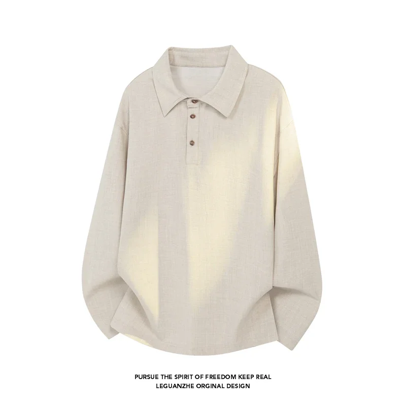 Male Autumn Lapel Long Sleeve Polo Shirt Heather Slub Textured Cloth Relaxed Silhouette For Outdoor Travel Matching Style