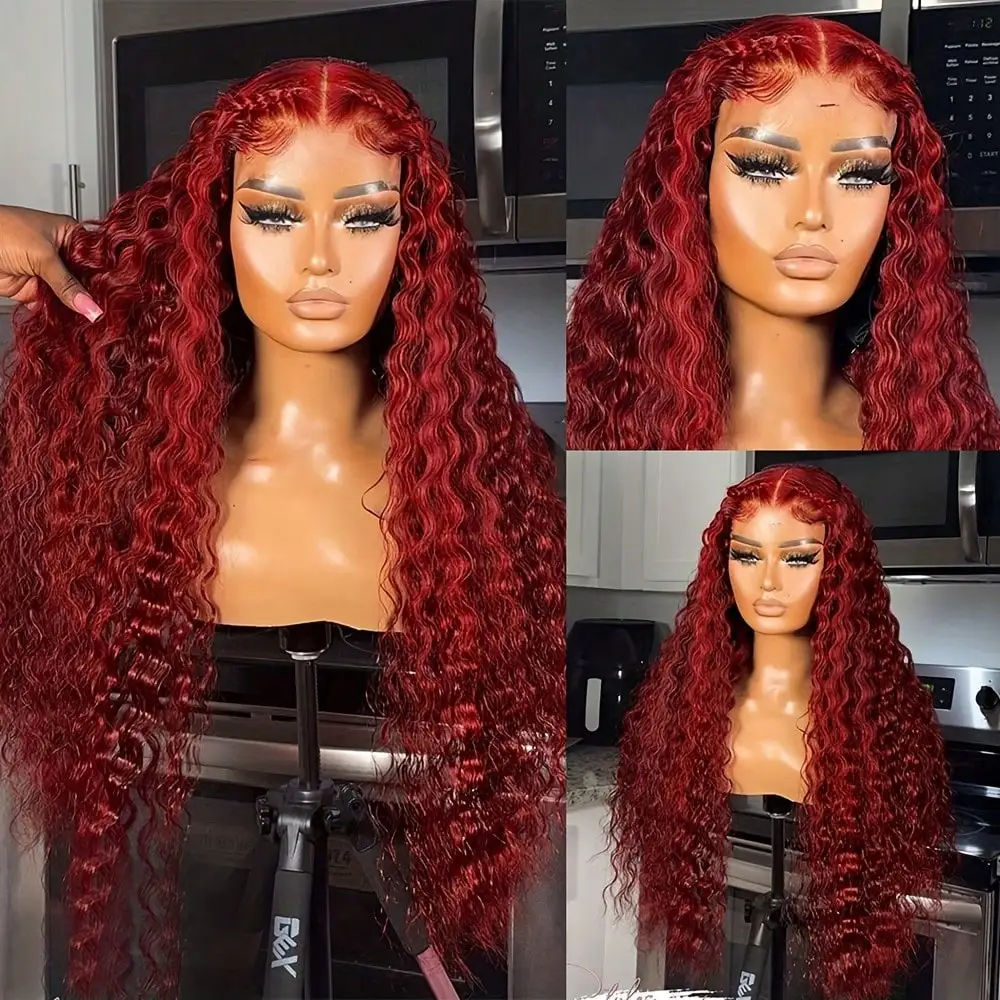

99j Burgundy Deep Wave Lace Front Wig Synthetic Wig 13x4 HD synthetic Lace Front Wig Natural Looking for Daily Party Cosplay Use