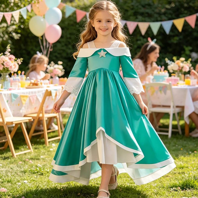 Summer Kids Princess Dress For Carnival Halloween Princess Cosplay Costume Crown Earrings Magic Wand Set Girls Fancy Dress Suit
