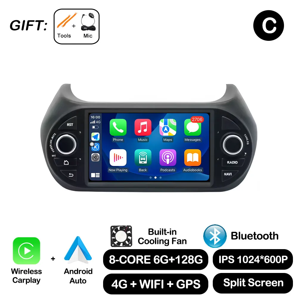 Autoradio Multimedia Video Player For Fiat Fiorino Qubo Citroen Nemo Peugeot Bipper 2008-2017 CarPlay GPS Navi DSP Stereo