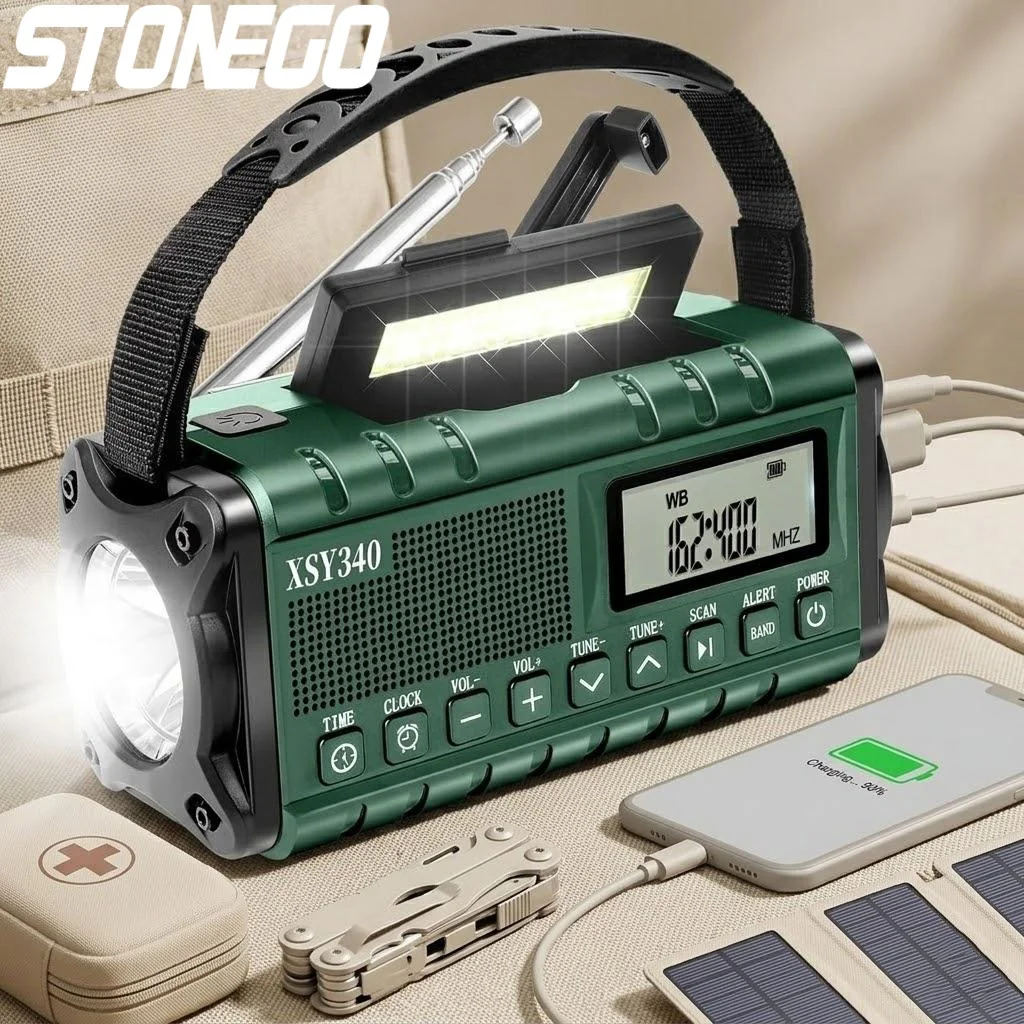 

Радиоприемник с солнечной батареей и ручным приводом 10000 мАч, AM/FM/NOAA, оповещение о погоде, зарядка Type-C, ЖК-часы, LED-фонарик, SOS-сигнал