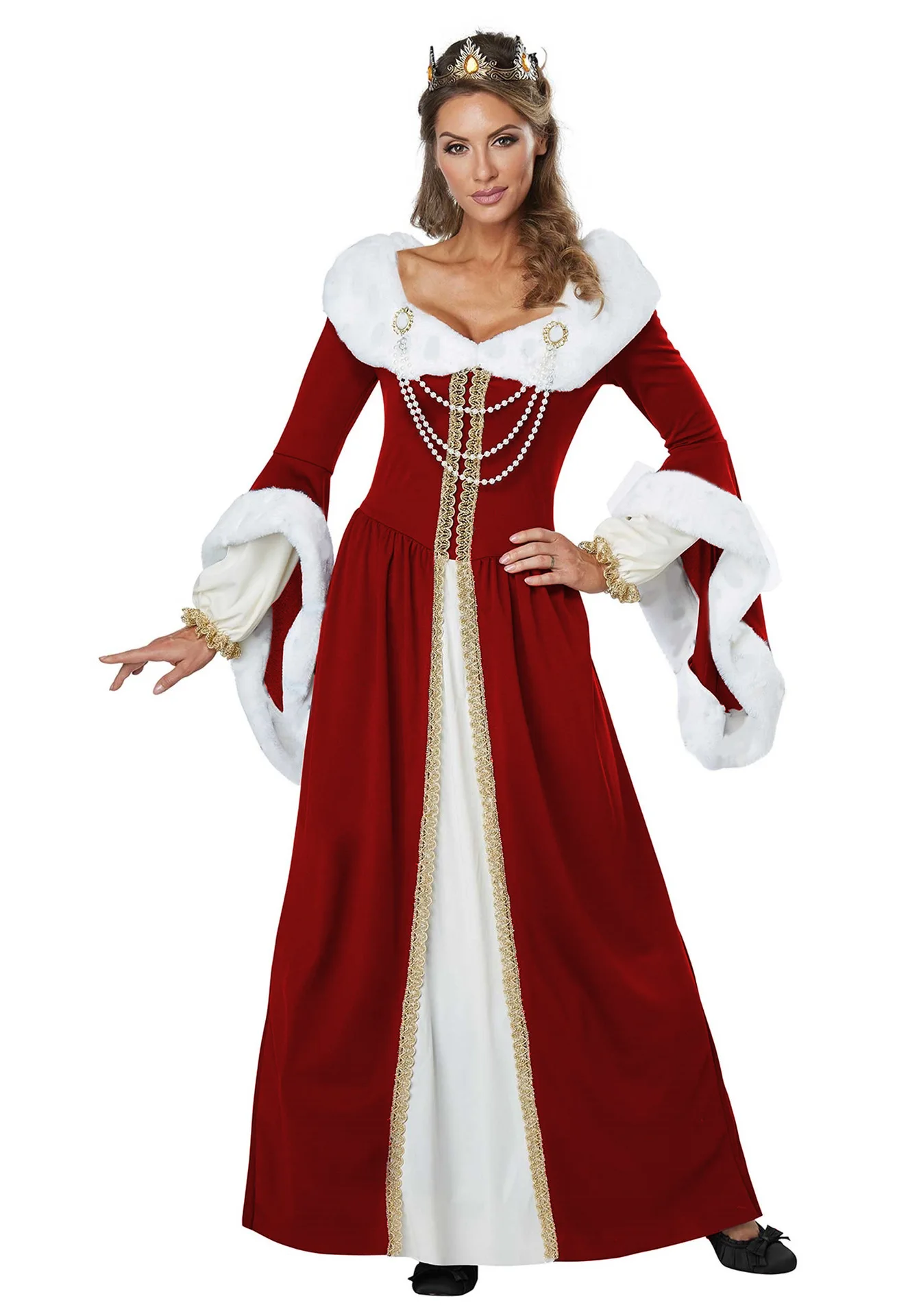 Rotes Mittelalterliches Hofkleid für Erwachsene, König- und Königinnen-Kostüm, Europäisch-Amerikanisches Klassisches Doppelkostüm, Königliche Retro-Renaissance-Paarkleider – Detail 7