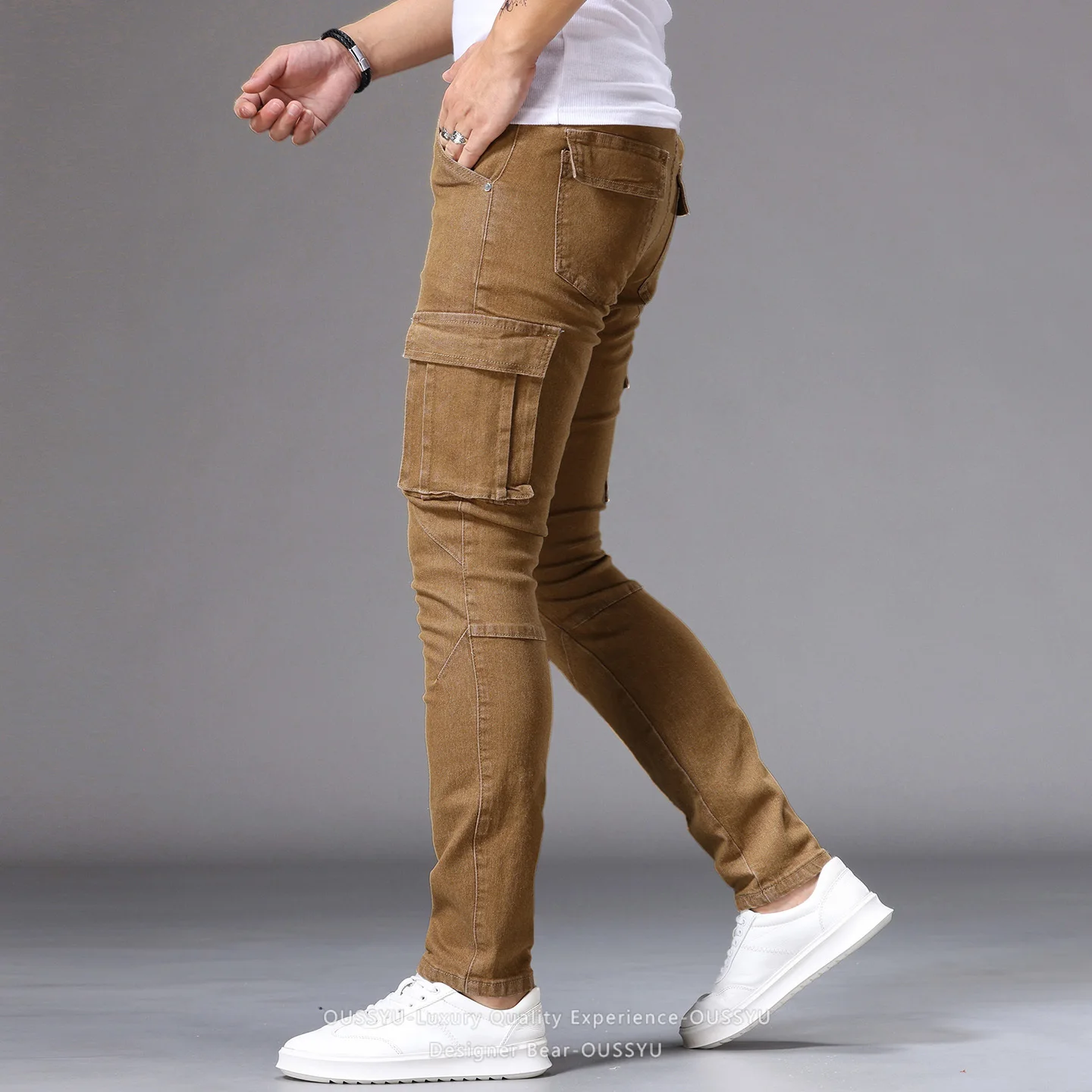 2026 High Quality Men's Stretch Denim Cargo Tapered Jeans Slim Fit Multi-Pocket Workwear Pants Casual Joggers Fashion Trousers