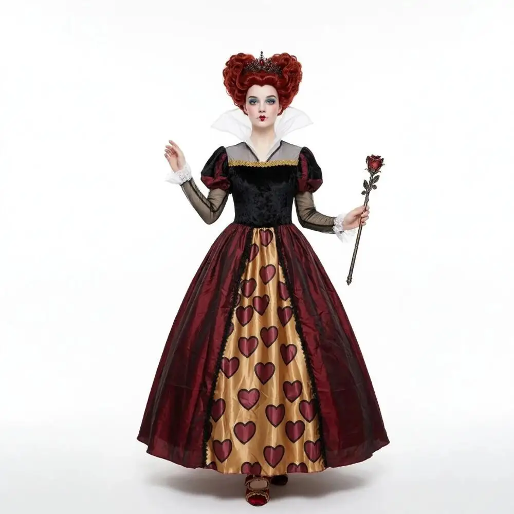Rotes und schwarzes Kleid, Damen-Königinnenkostüm, Alice im Wunderland-Kleid mit Krone und Handschuhen, Halloween-Cosplay-Bühnenoutfit