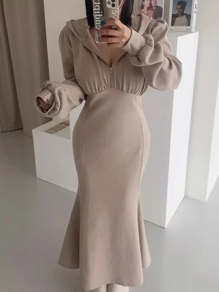 세련된 가을 겨울 두꺼운 긴 소매 후드 지퍼 슬리밍 여성 드레스 피쉬 테일 드레스 하이 웨이스트 한국 스타일 통근