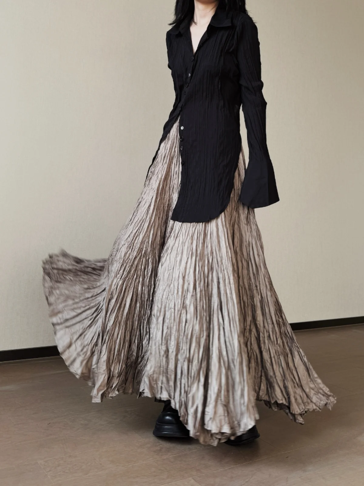 

Large Swaying Half Skirt Women's Spring Fashion Irregular Design Pleated A-Line Long Skirt High Waist Simple Commute Style