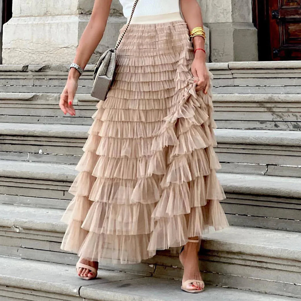 Solid Multilayer Ruffle Mesh Skirt Women Boho High Waist Long Maxi Tulle Skirt Spring Summer Party Women's Clothing