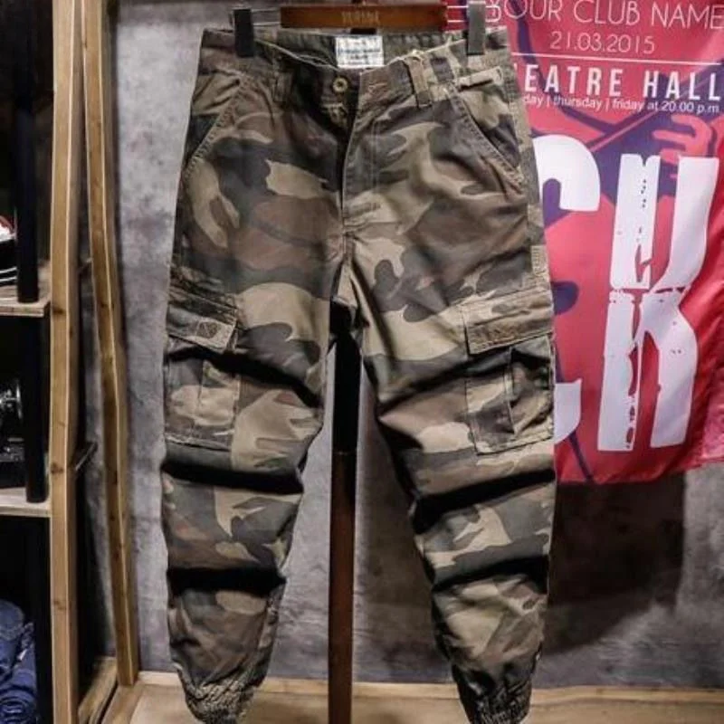 

Retro American Camouflage Work Pants Men's Loose Fit Summer Casual Wear Resistant Cuffed Long Trousers for Heavy Du