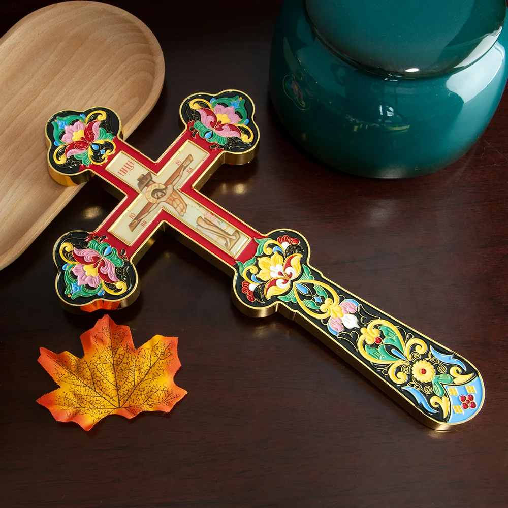 Neues Orthodoxes Kruzifix, Jesus-Ikone, Kreuz mit Emaille im byzantinischen Stil, christliches Kreuz für Gebetsrituale, heilige Altardekoration für Zuhause – Detail 9