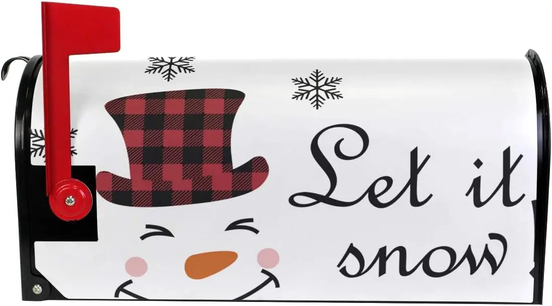 Snowman Face Let It Buffalo Plaid Merry Christmas Magnetic Mailbox Cover MailWraps Garden Yard Home Decor for Outside Standard