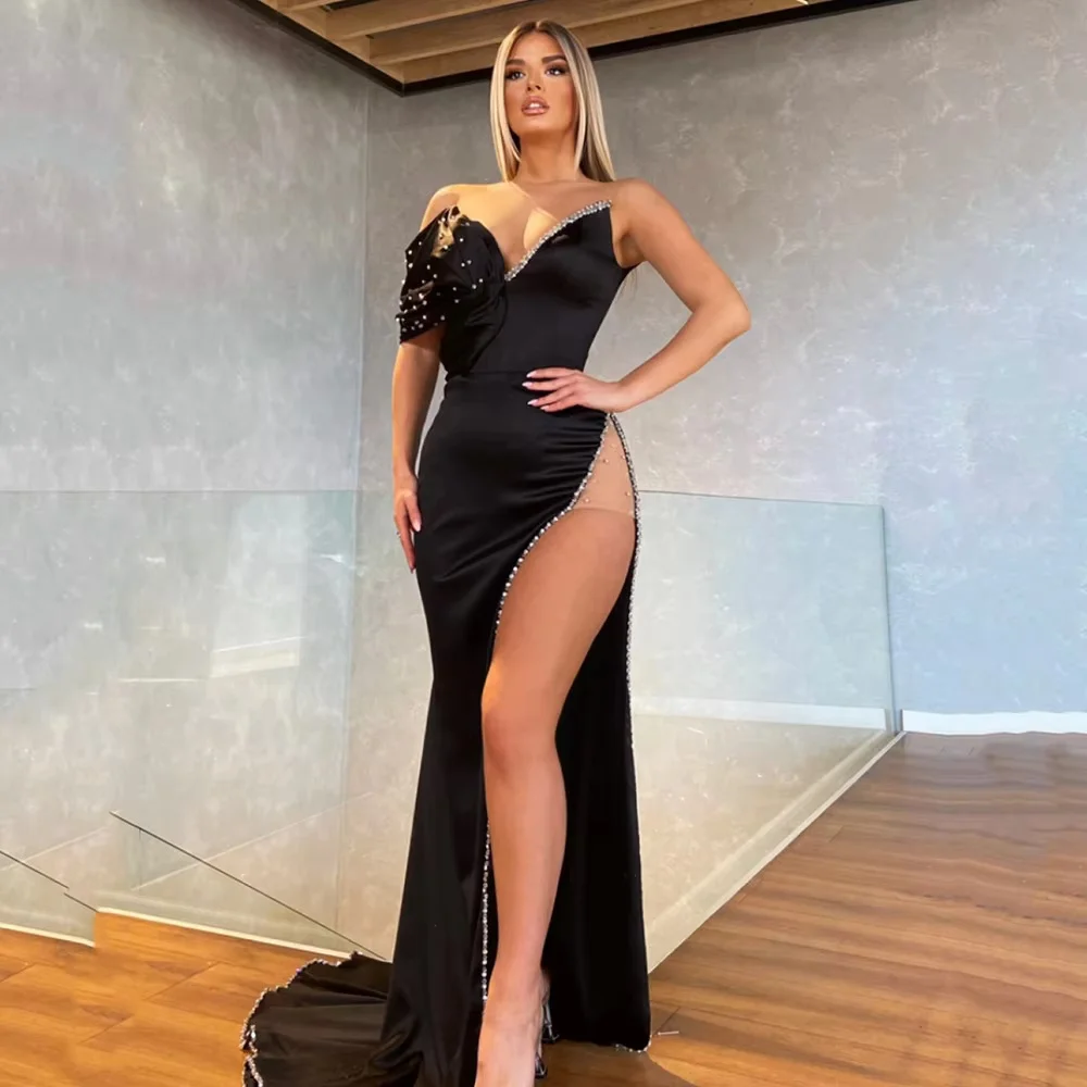 

Customized Asymmetrical Mermaid Evening Dresses Black Prom Gown Sexy High Split Party Dress Vestido de Festa