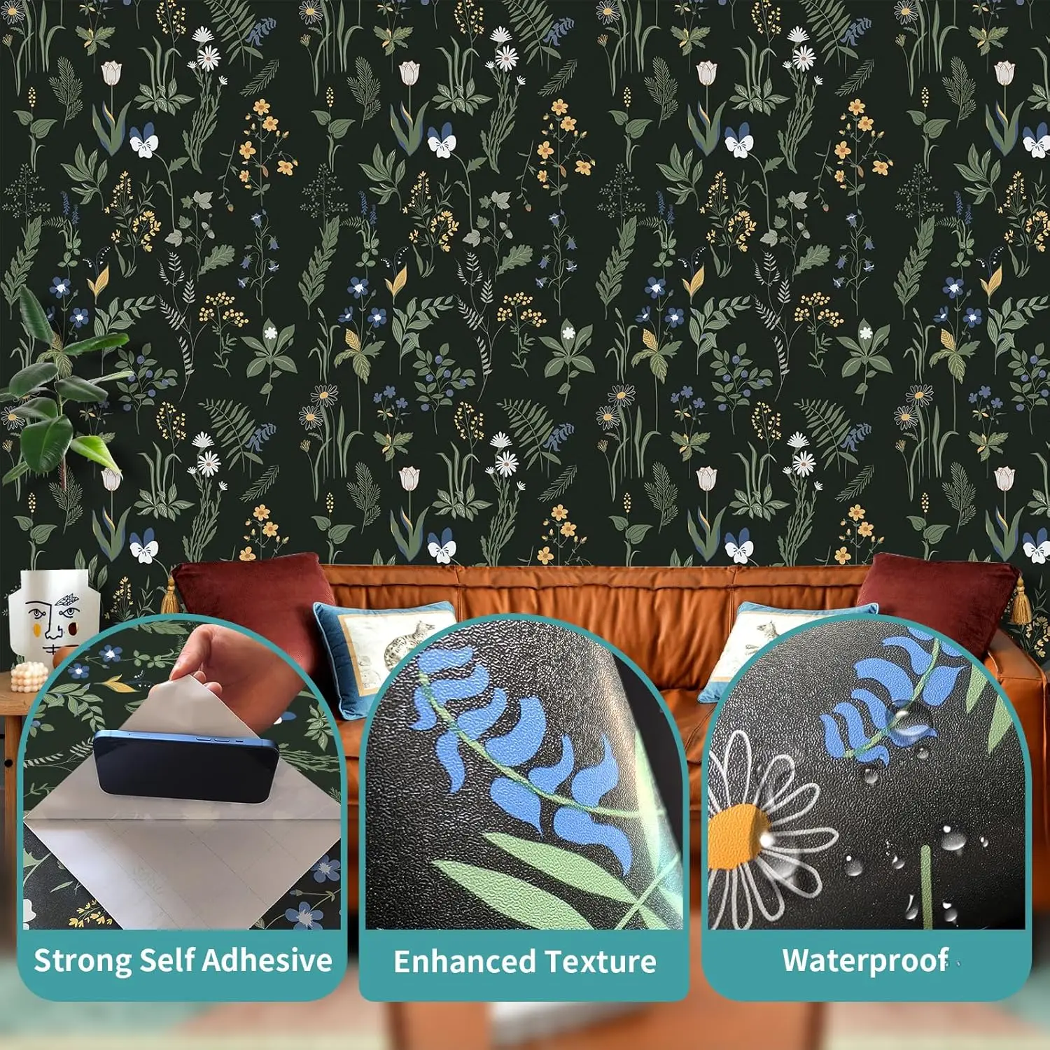 Vintage Leaf Peel and Stick Wallpaper Boho Floral Self Adhesive Wallpaper Removable Contact Paper for Bedroom Bathroom Walldecor