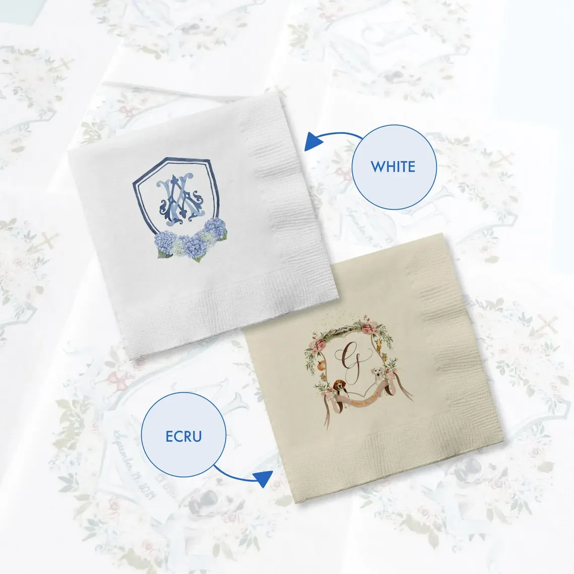 Monogram Cocktail Napkin Printed Wedding Crest Napkin Personalized Bridal Shower Napkin Linen Like White or Ecru Luncheon Napkin