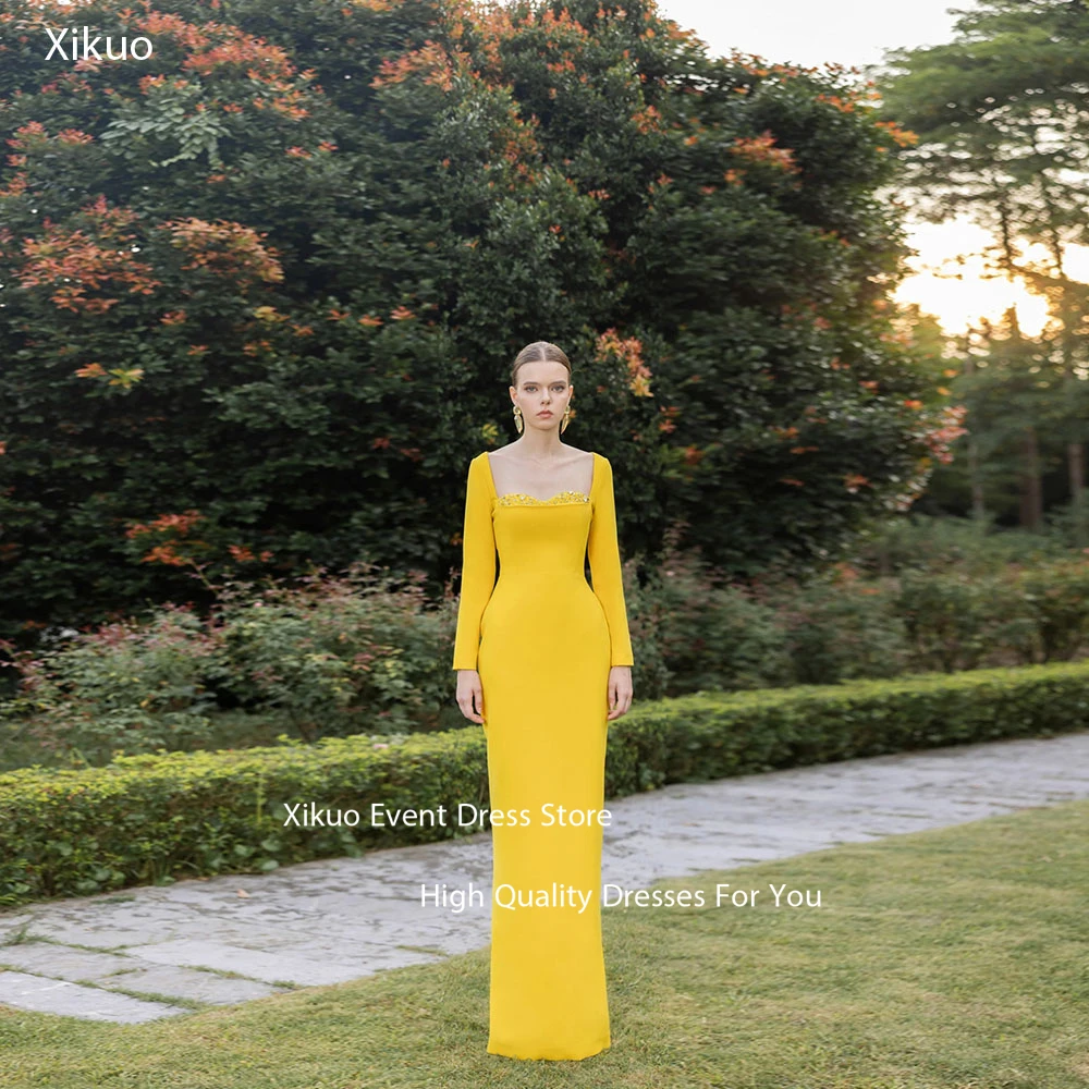 Xikuo فساتين سهرة من الساتان برقبة مربعة وأكمام طويلة رداء كوكتيل نسائي مطرز بالكريستال مناسب للحفلات الراقصة حسب الطلب #1