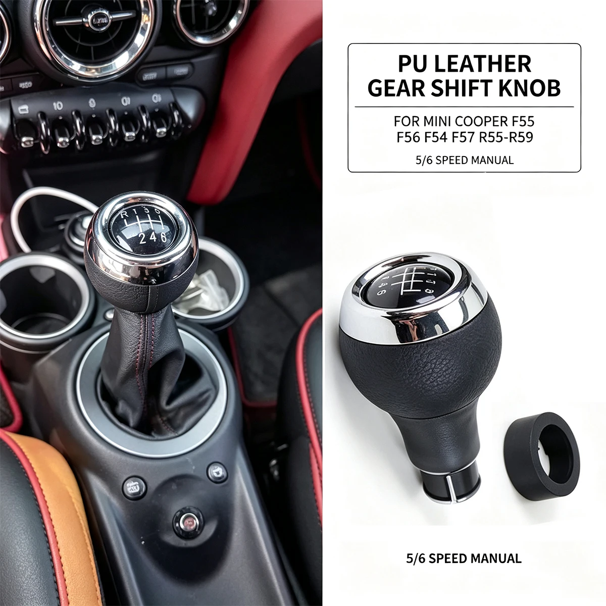 5/6 Speed Gear Shift Knob For Mini Cooper F54 F55 F56 F57 R55 R56 R57 R58 R59 R60 R61 - PU Leather Ball Shifter
