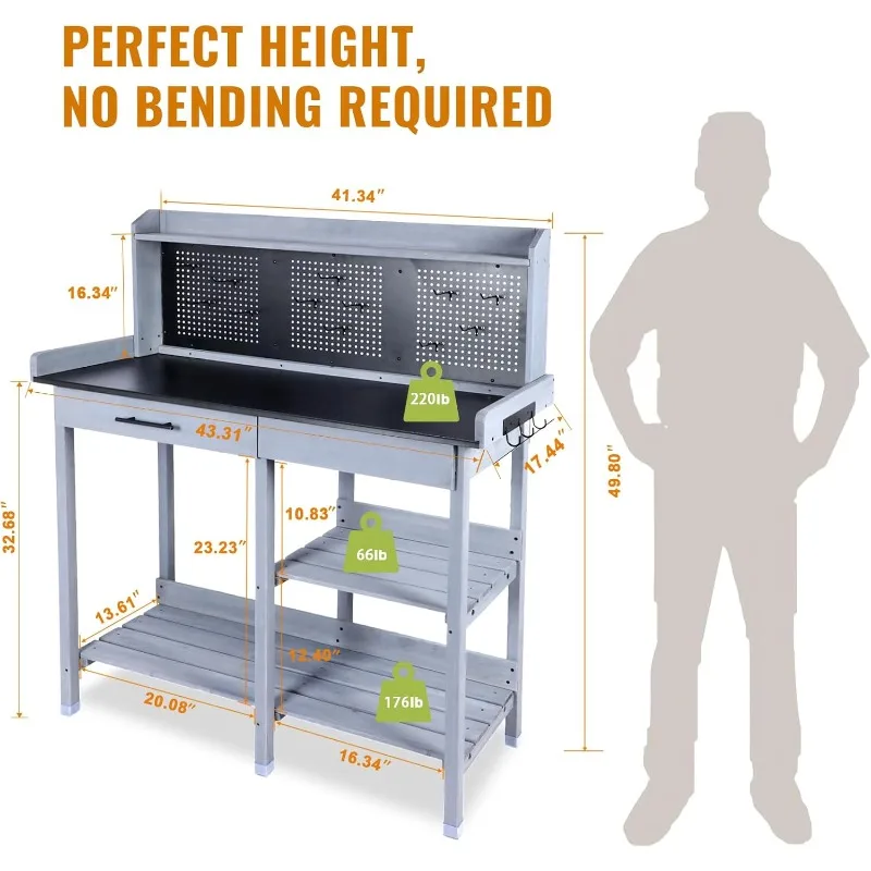 Outdoor Potting Bench Table,Garden Work Bench Metal Tabletop Horticulture with Shelf Rack Wooden Potting Benches for Outside wit