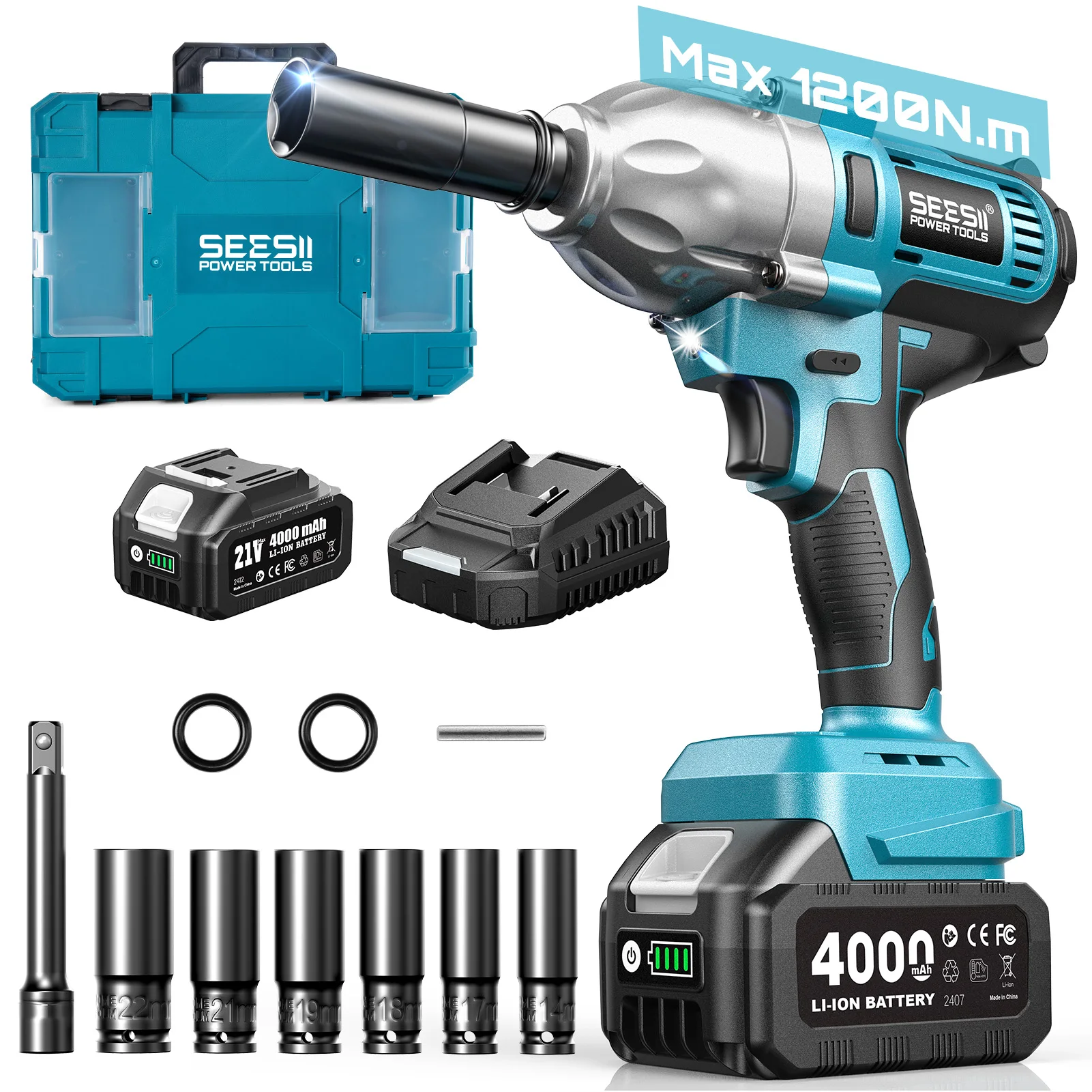 

Seesii WH710-Pro Real 1200N.m Impact Wrench 1/2" Cordless Brushless High Torque Electric Impact Gun with 4.0Ah Battery for Car