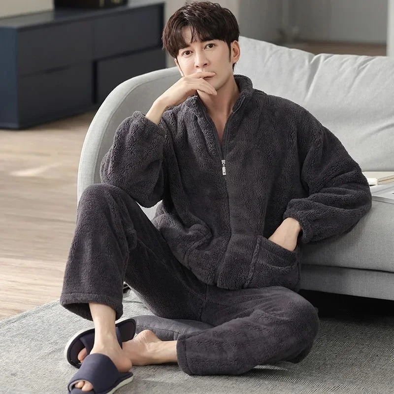 

2024 New Men's Pajamas Autumn Winter Coral Velvet Loungewear Thick Plush High Neck Sleepwear Zippered Flannel Warm Homewear