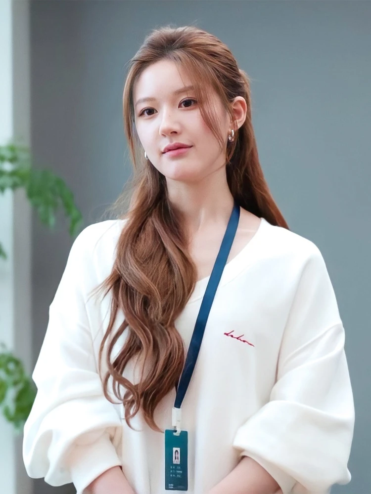 

White Casual Sweatirt Women's Loose Korean Version Xueyan Casual Top Organic Cotton Long Sve V-ne Pure Color