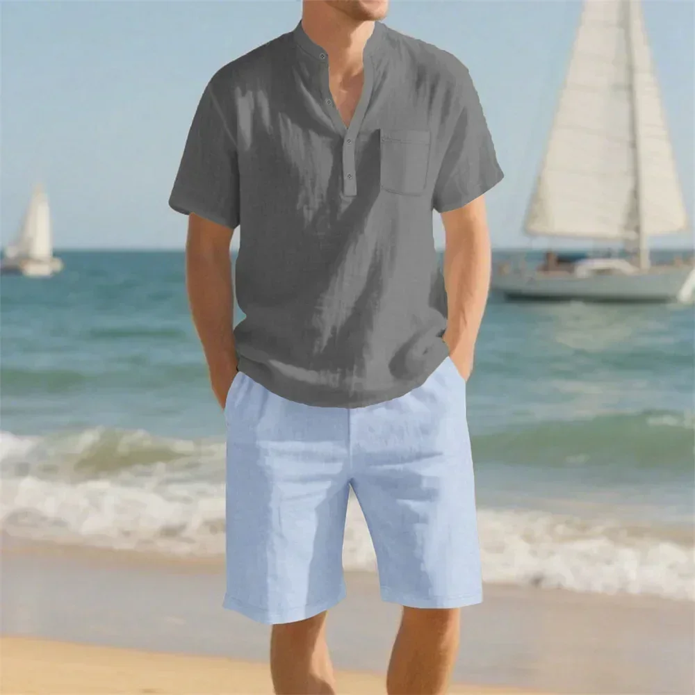 Conjuntos de verano para hombre, camiseta de playa para vacaciones, pantalones cortos, traje de algodón y lino, traje informal transpirable de estilo básico, ropa acogedora