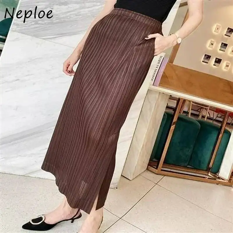 BabYoung wysokiej talii jednokolorowa wąska spódnica koreańskie lato modna prosta na wszystkie mecze Jupe rozcięcie plisowany projekt Sense Mujer Faldas