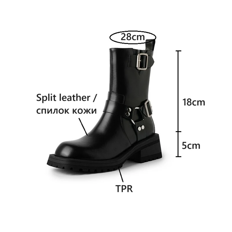 NEW Autumn Women Boots Split Leather Shoes for Women Square Toe Chunky Heel Shoes Zip Metal Buckle Boots Platform Modern Boots