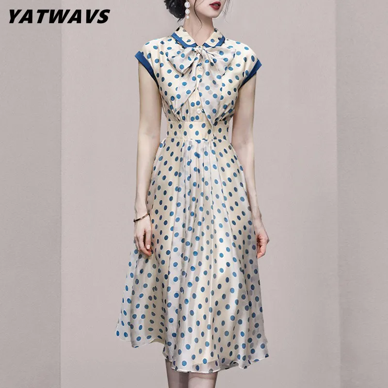 Hepburn Vintage Polka Dot Print Women Dresses Fashion Bowknot Summer Ladies Slim Waist Fold A-Line Mid Party Dress Femme