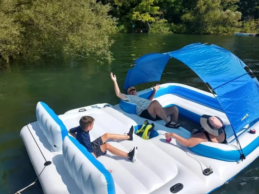 

6-8 Person Inflatable Floating Island, Large Pool Float Water Mat w/ Sun Shade & Lounger, Raft for Pool Lake Beach Party