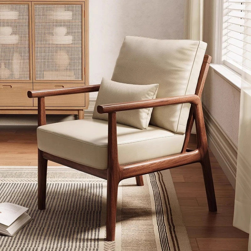 

Solid wood single sofa chair simple retro modern living room leather backrest armrest chair balcony advanced leisure chair