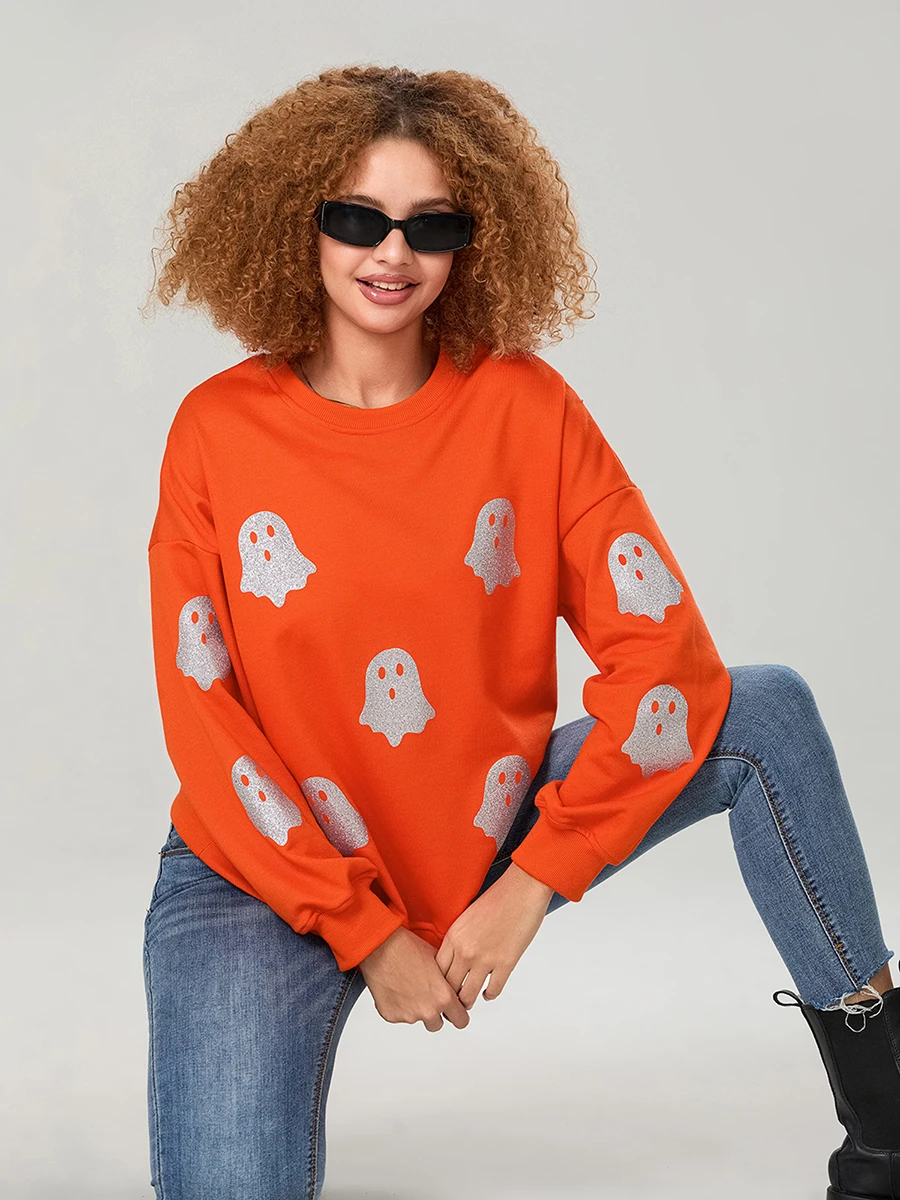 wsevypo Women Autumn Halloween Sweatshirts Gothic Ghost Print Long Sleeve Crew Neck Pullover Fall Tops Fashion Sweatshirt