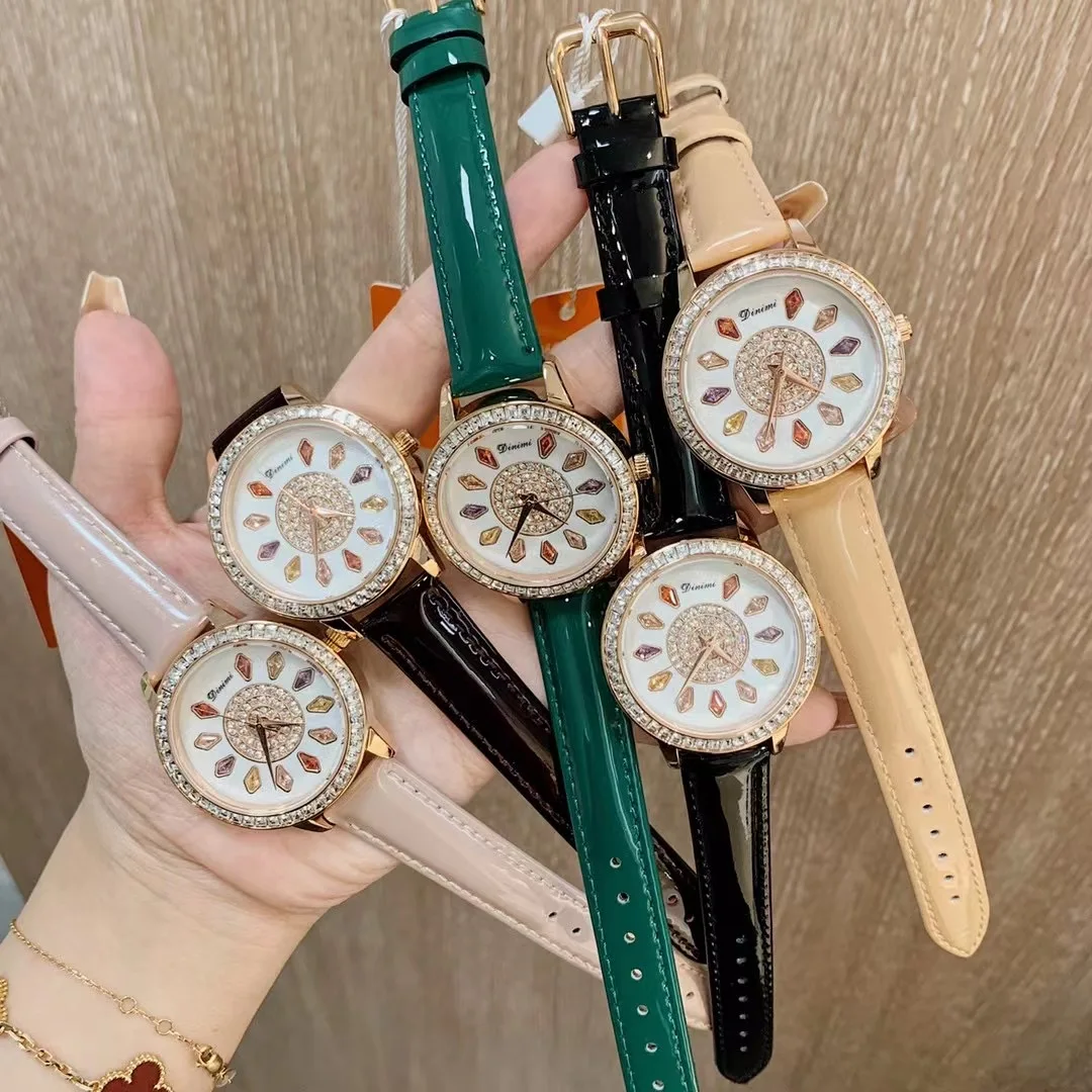 Shining Mirror Patent Leather Strap Watches Women Diamond Shaped Colorful Zircons Crystals Wrist watch Quartz Waterproof Clock