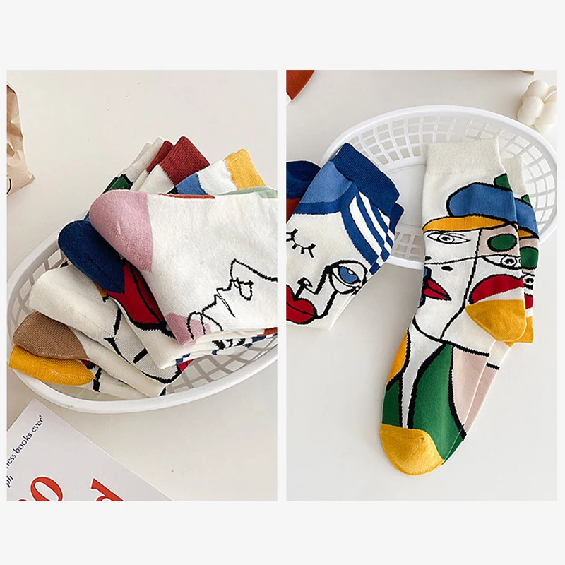 5 Pairs Tide Graffiti Socks Mid Tube Elegant Cartoon Harajuku Style Colorful Trend Oil Art Printing Breathable Casual Socks