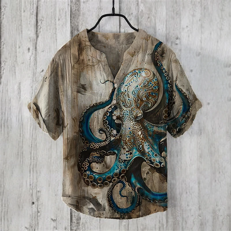 Men's Spring and Summer New Linen Short Sleeved Shirt 3D High-Definition Printed Retro Art Casual Loose V-Neck Shirt