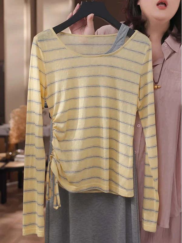 

Korean Style Long Sleeve Striped T-Shirt Women's Summer 2026 Lightweight Sun Protection Top Grey Half Skirt Fashion Set
